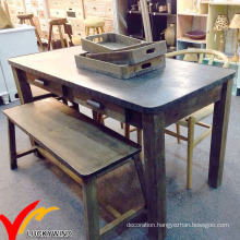 Farmhouse Vintage Industrial Furniture Antique Wood Dining Table with Zinc Top and Bench